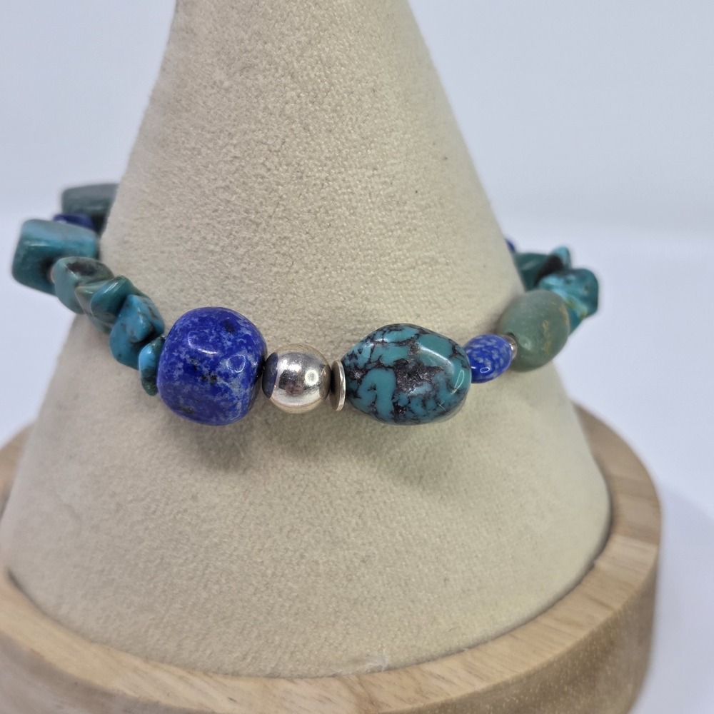 Shube Dakota West Chunky Turquoise Lapis Lazuli Sterling Silver Stretch Bracelet - Picture 6 of 8